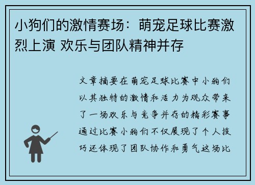 小狗们的激情赛场：萌宠足球比赛激烈上演 欢乐与团队精神并存