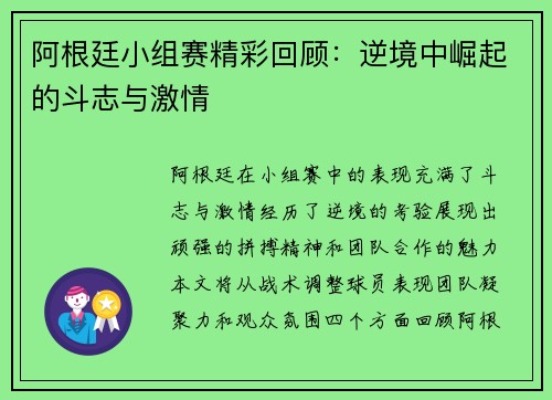 阿根廷小组赛精彩回顾：逆境中崛起的斗志与激情