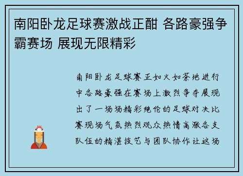 南阳卧龙足球赛激战正酣 各路豪强争霸赛场 展现无限精彩